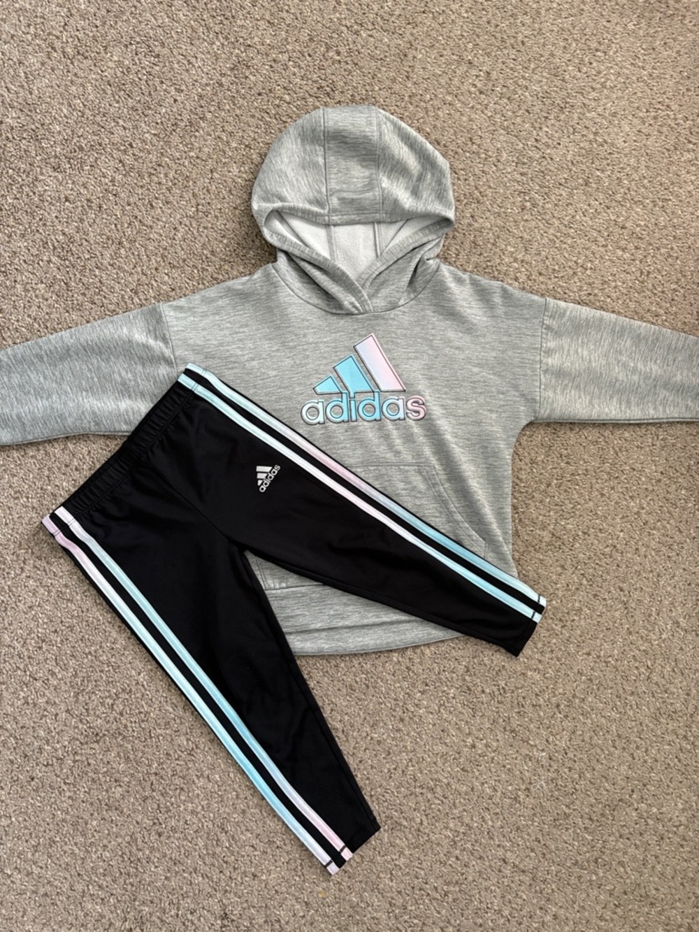 adidas Girls Gray Hoodie with Black Track Leggings - Pastel Blue & Pink Accents